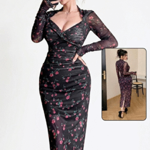 فستان ميدي فلورال بأكمام طويلة – تصميم أنثوي راقي بخامة قطن ليكرا مرنة لإطلالة جذابة ومريحة