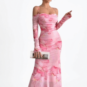 فستان سهرة أصفر  ووردي"ماربل" بكتف مكشوف وأكمام طويلة - قصة "ميرميد" مجسمة لإطلالة مفعمة بالأنوثة.