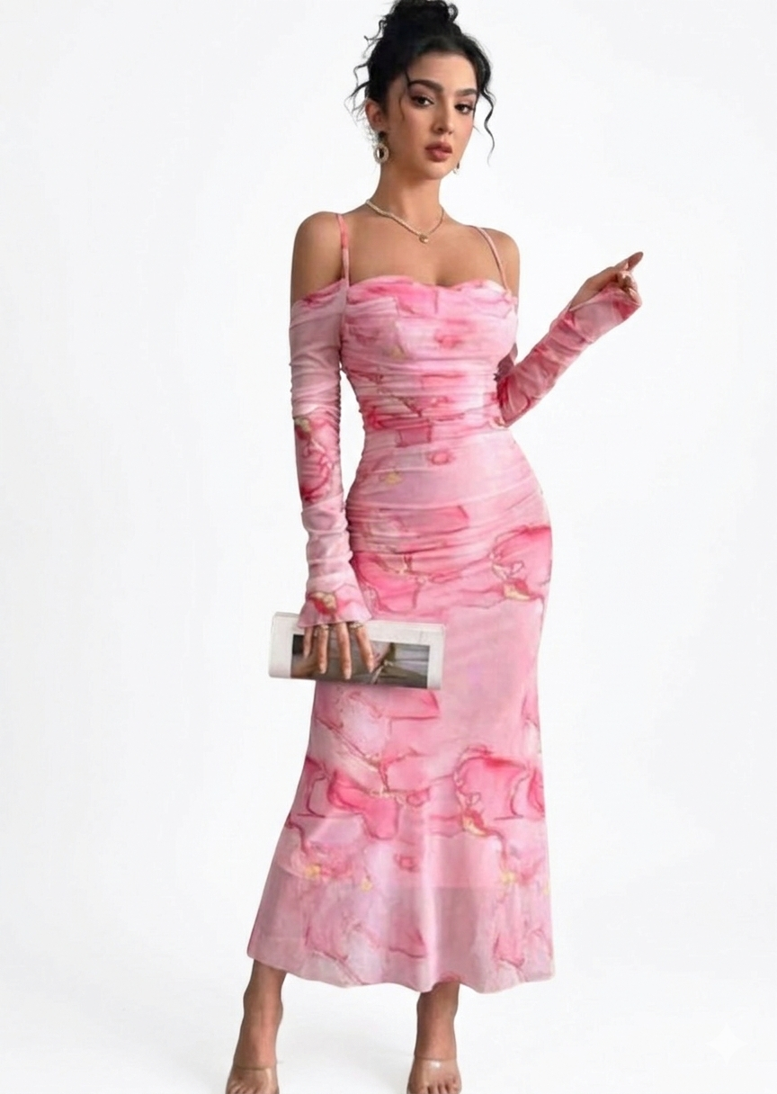 فستان سهرة أصفر ووردي"ماربل" بكتف مكشوف وأكمام طويلة - قصة "ميرميد" مجسمة لإطلالة مفعمة بالأنوثة.