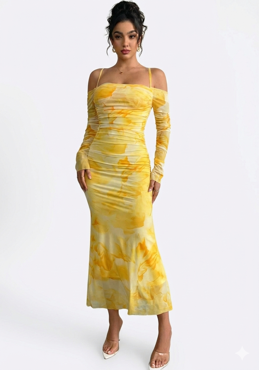 فستان سهرة أصفر ووردي"ماربل" بكتف مكشوف وأكمام طويلة - قصة "ميرميد" مجسمة لإطلالة مفعمة بالأنوثة. - الصورة 2