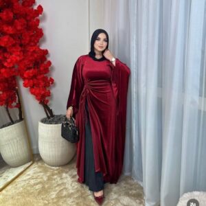 فستان قطيفة فرنسي مفتوح من الجنب – دريس سواريه أنيق بخامة عالية الجودة