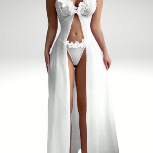 طقم لانجري قطعتين شيفون طويل مع مطرزات بارزة -