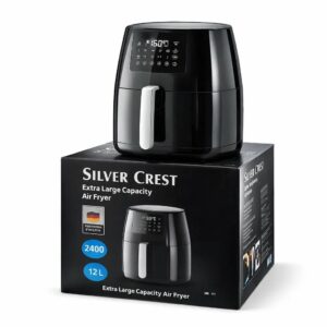 أيرفراير سيلفر كريست 12 لتر مع سلة داخلية 6 لتر، قلاية هوائية فضية مع لمسات سوداء، لطهي صحي وسريع مثل قلي البطاطس والدجاج والخضروات