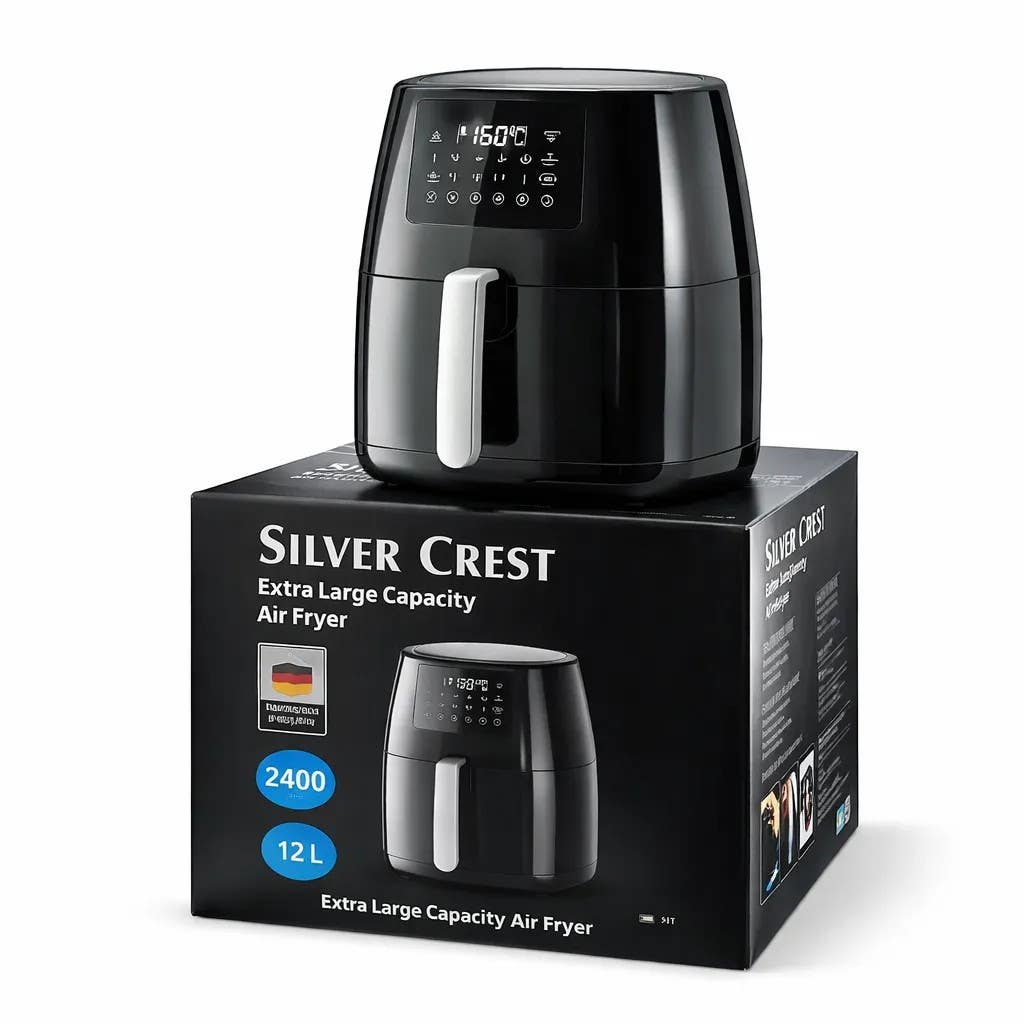 أيرفراير سيلفر كريست 12 لتر مع سلة داخلية 6 لتر، قلاية هوائية فضية مع لمسات سوداء، لطهي صحي وسريع مثل قلي البطاطس والدجاج والخضروات