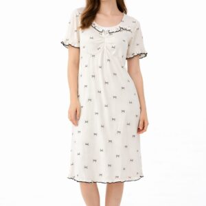 قميص نوم حريمي قطن ليكرا – تصميم فيونكات أنيق