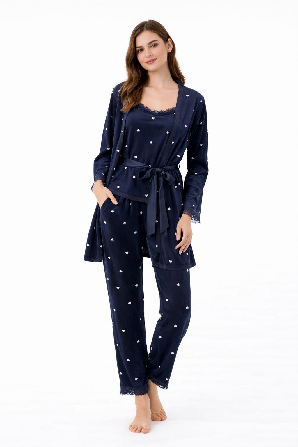 بيجامة حريمي 3 قطع قطن ناعم – طقم بيتي أنيق مع روب - الصورة 2